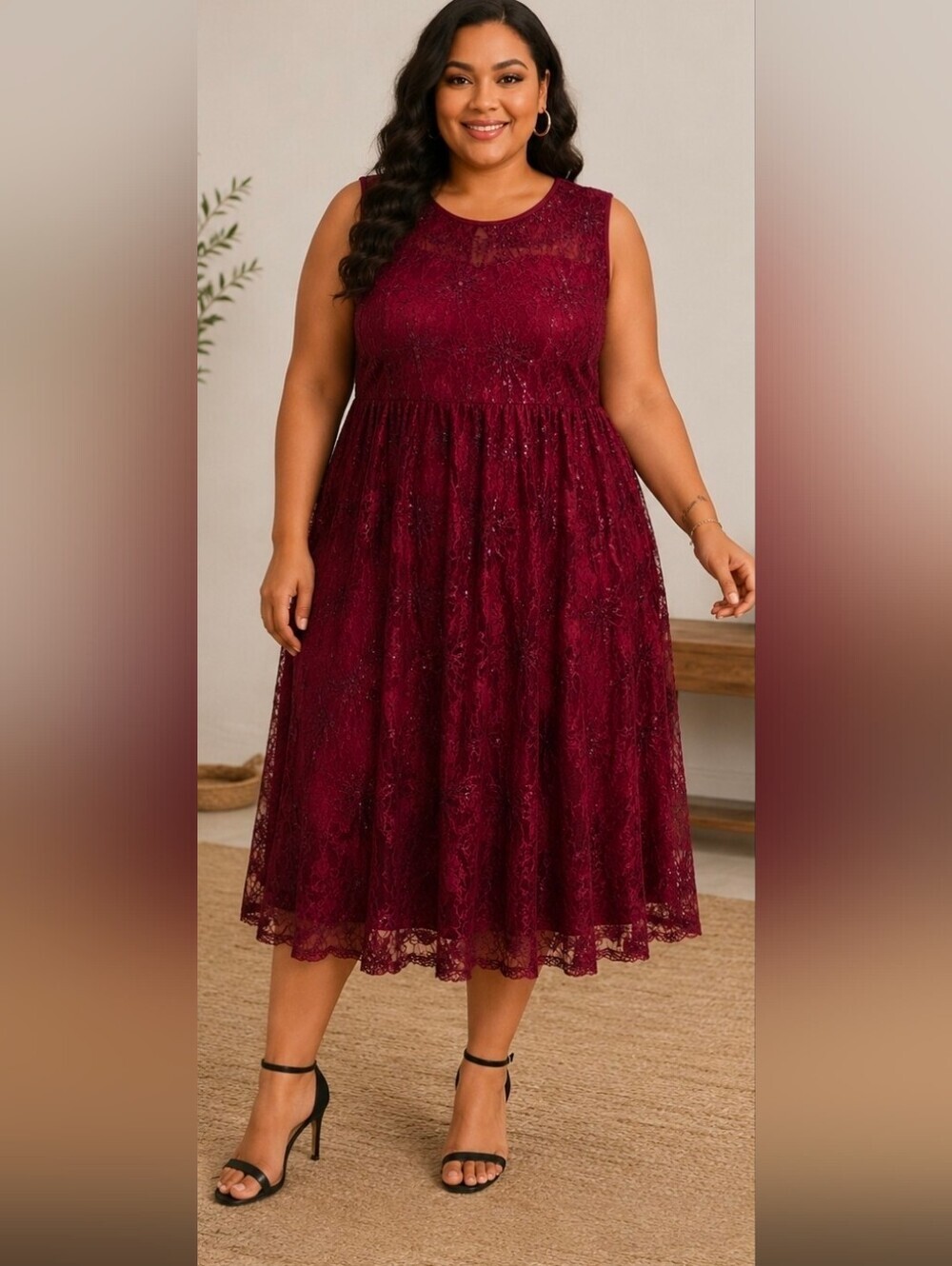BloomChic Wine Lace Midi Dress with Sparkle